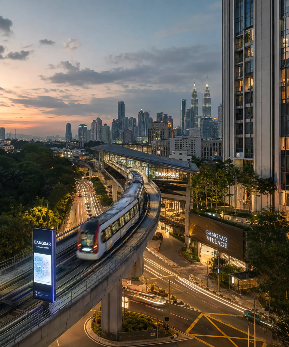 Bangsar LRT station and the Kuala Lumpur skyline at dusk