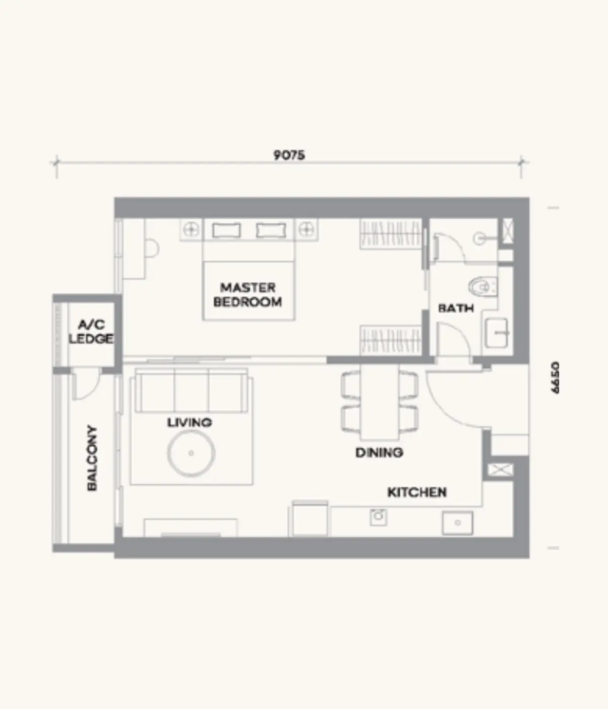 Kaia 630 sq ft layout, 1 Bedroom , 1 Bathroom