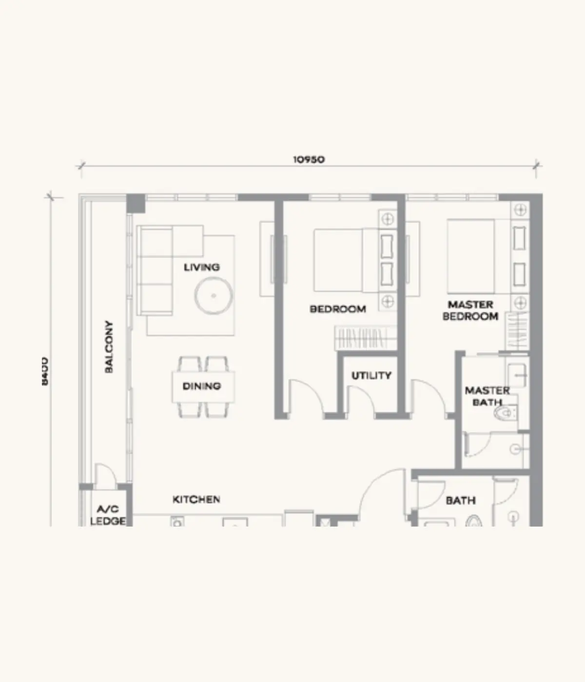 Kaia 998 sq ft layout, 2 + Study , 2 Bathroom