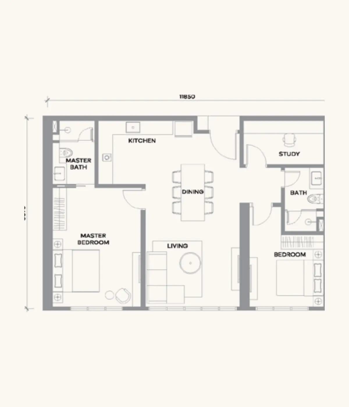 Kaia 1,032 sq ft layout, 2 + Study , 2 Bathroom