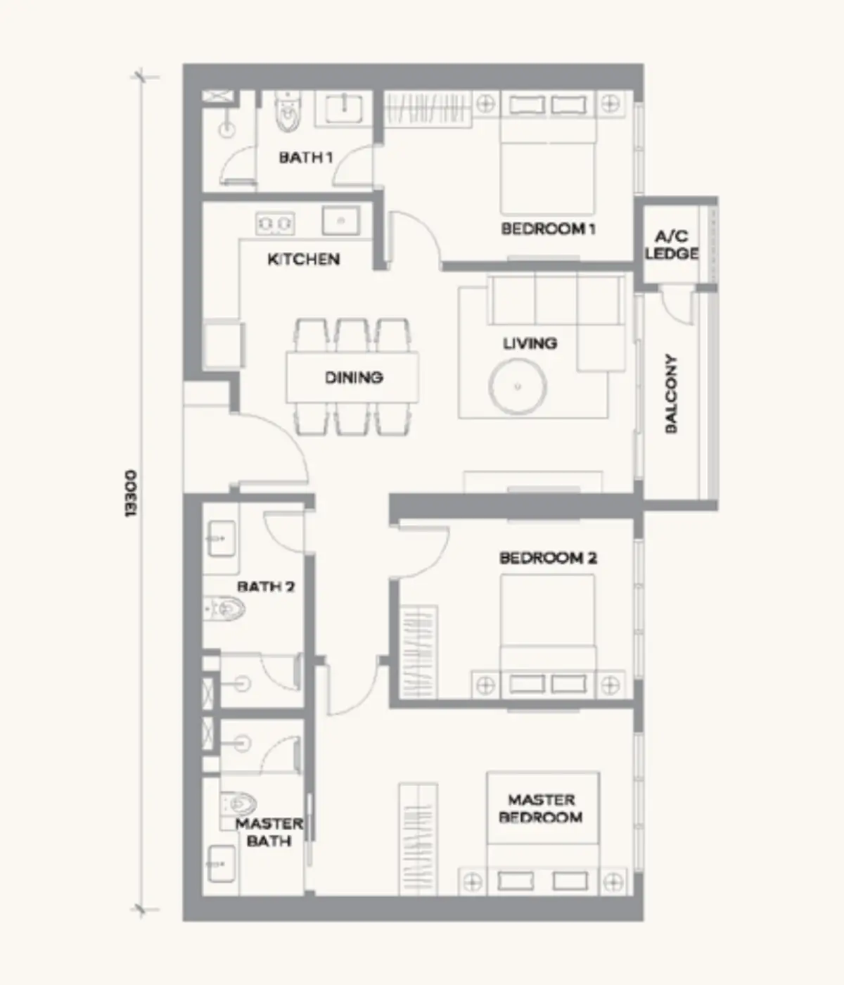 Kaia 1,086 sq ft layout, 3 Bedroom , 3 Bathroom