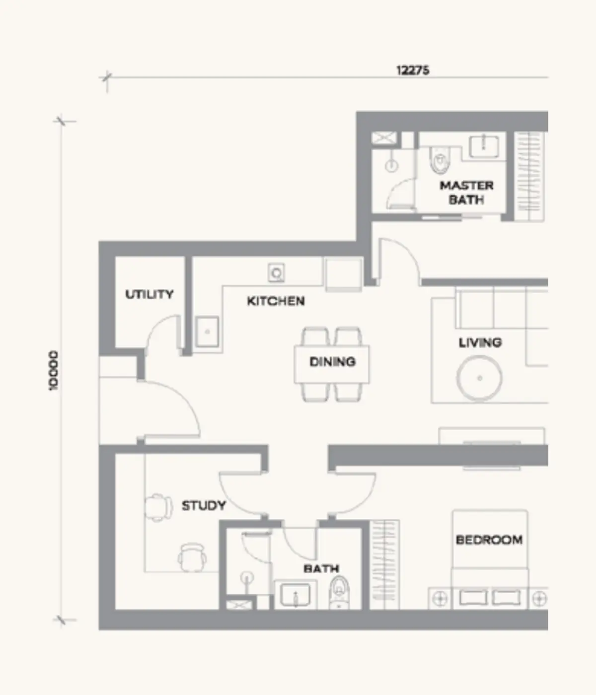 Kaia 1,028 sq ft layout, 2 + Study , 2 Bathroom