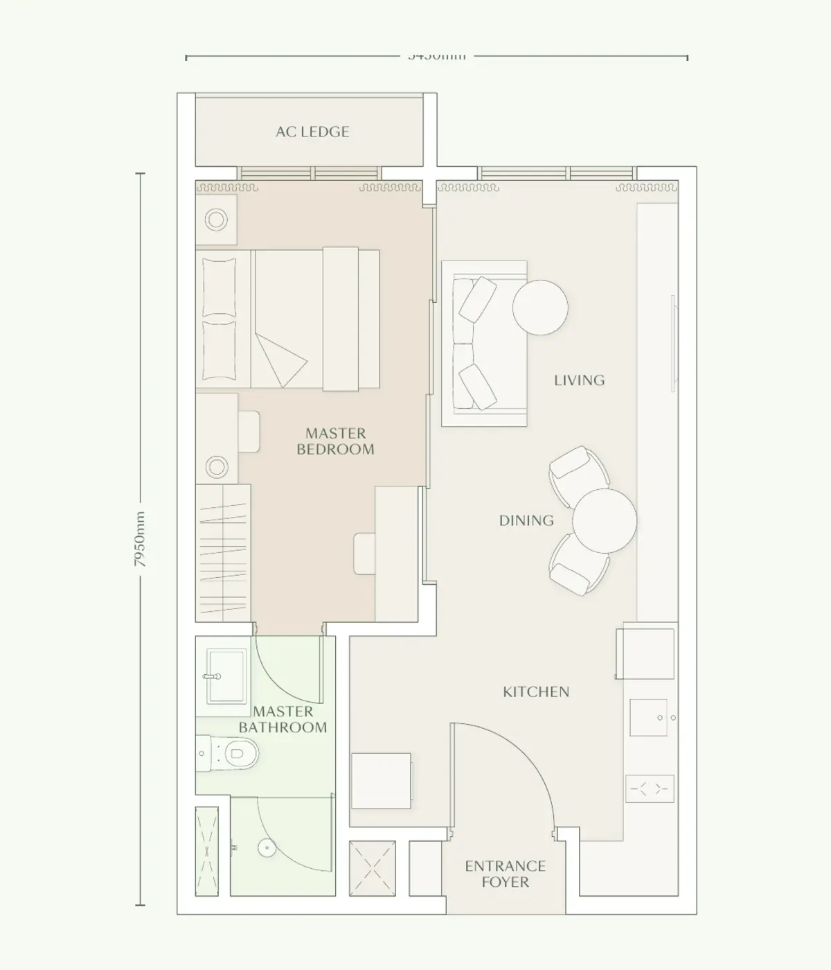 Parc 485 sq ft layout, 1 bedroom flexi, 1 bathroom