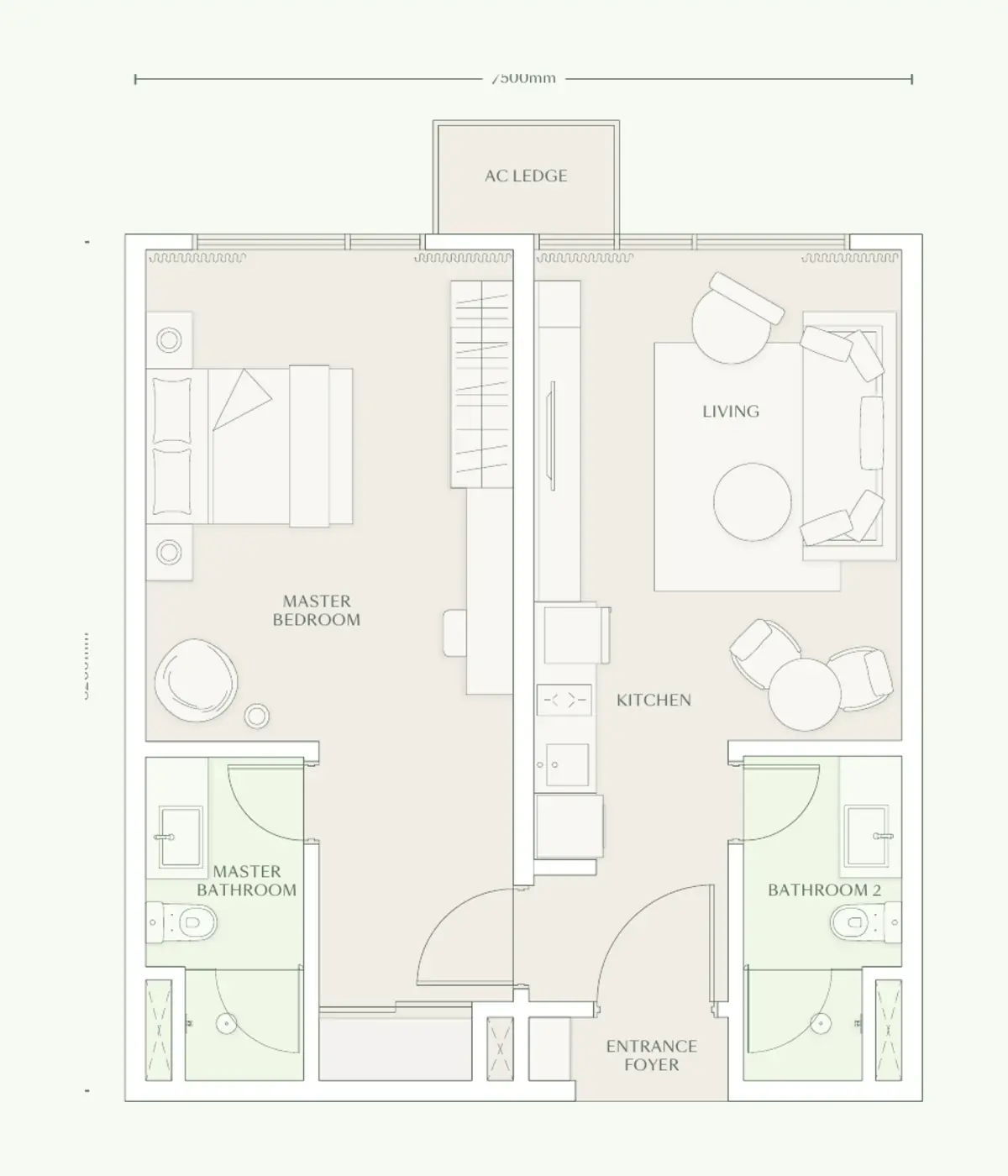 Parc 689 sq ft layout, 1 bedroom, 2 bathroom
