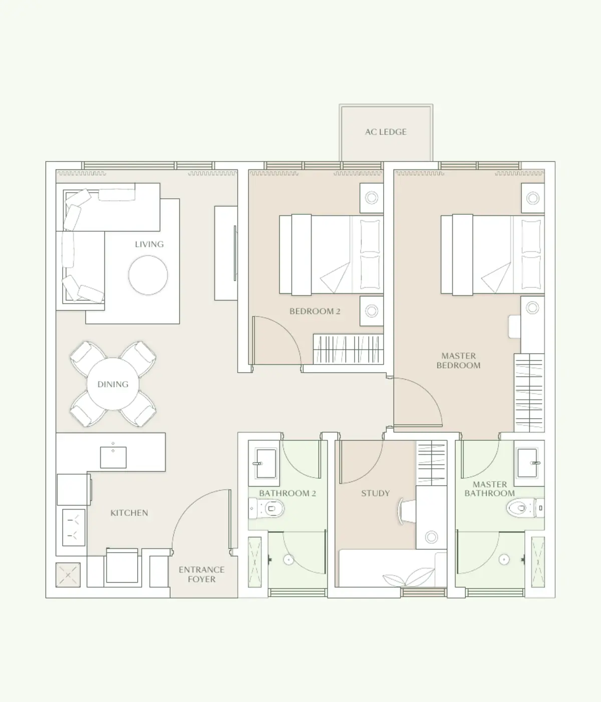 Parc 872 sq ft layout, 2 bedroom plus study, 2 bathroom