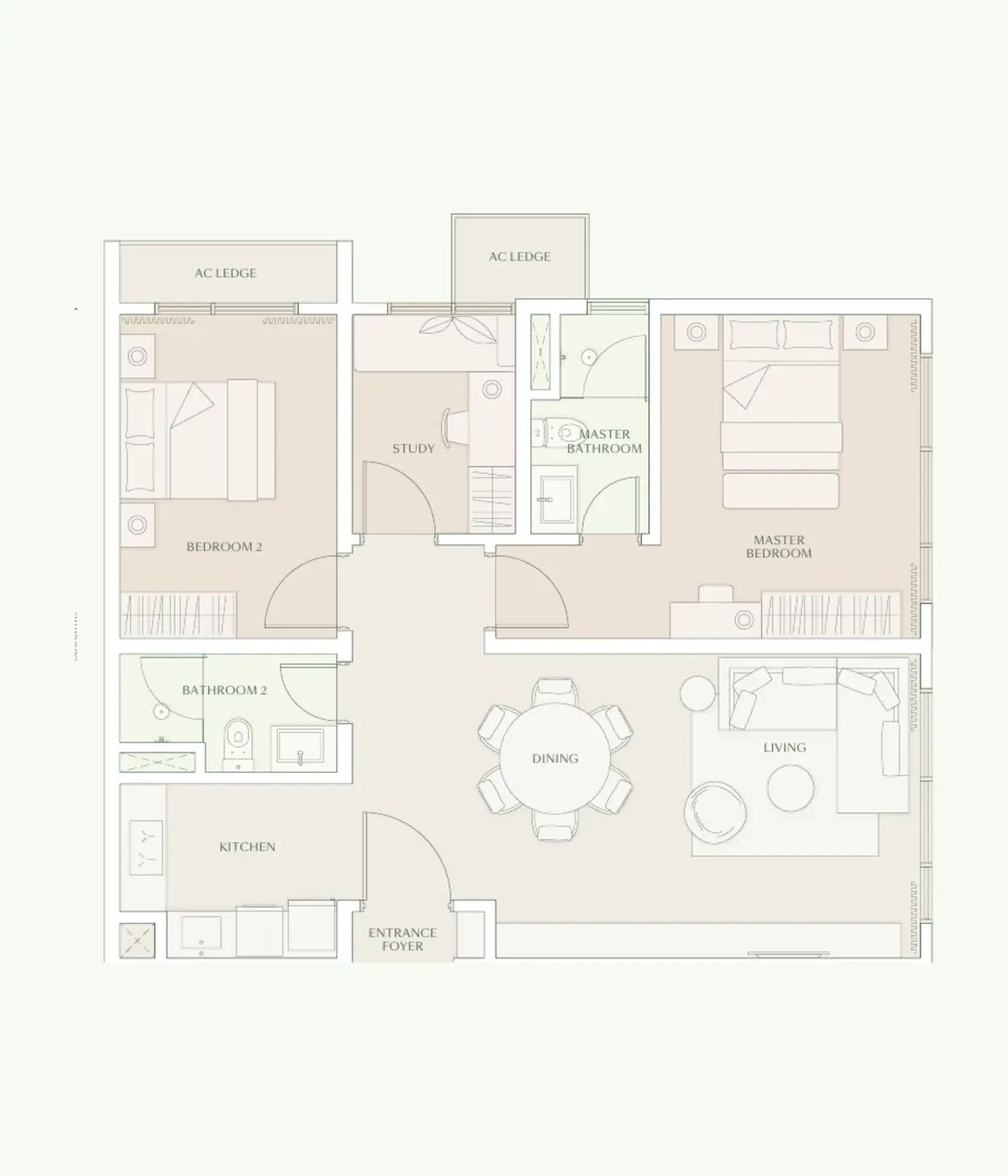 Parc 1,012 sq ft layout, 2 bedroom plus study, 2 bathroom