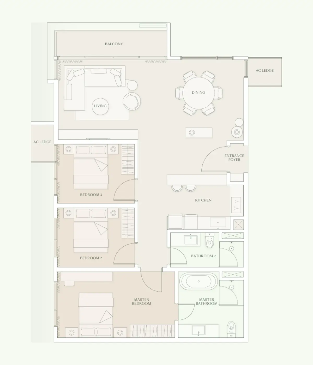Parc 1,260 sq ft layout, 3 bedroom, 2 bathroom, balcony