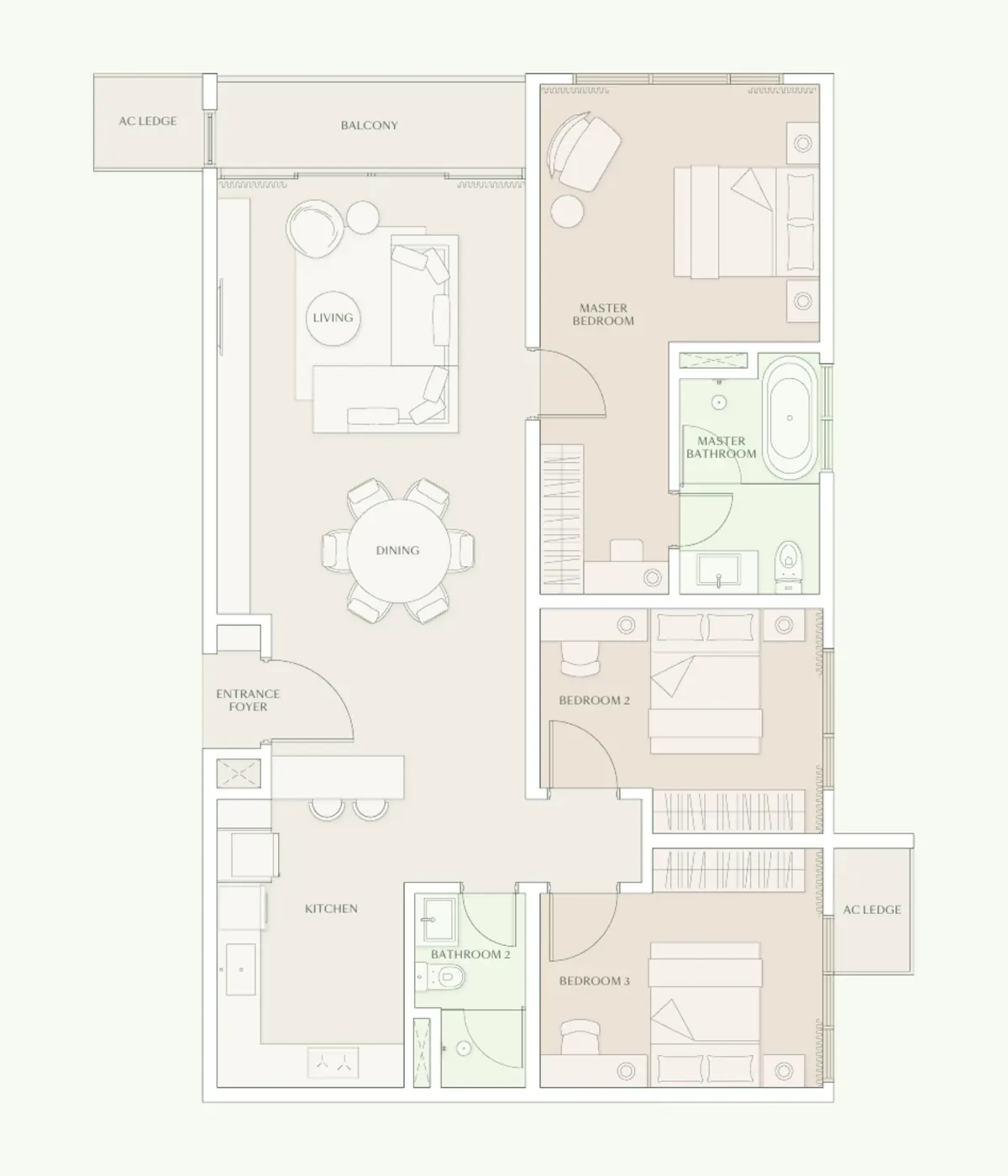 Parc 1,325 sq ft layout, 3 bedroom, 2 bathroom, balcony