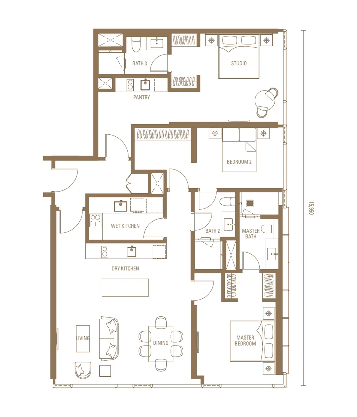 Sovereign 1,679 sq ft layout, 2 Bed + Studio , Dual key