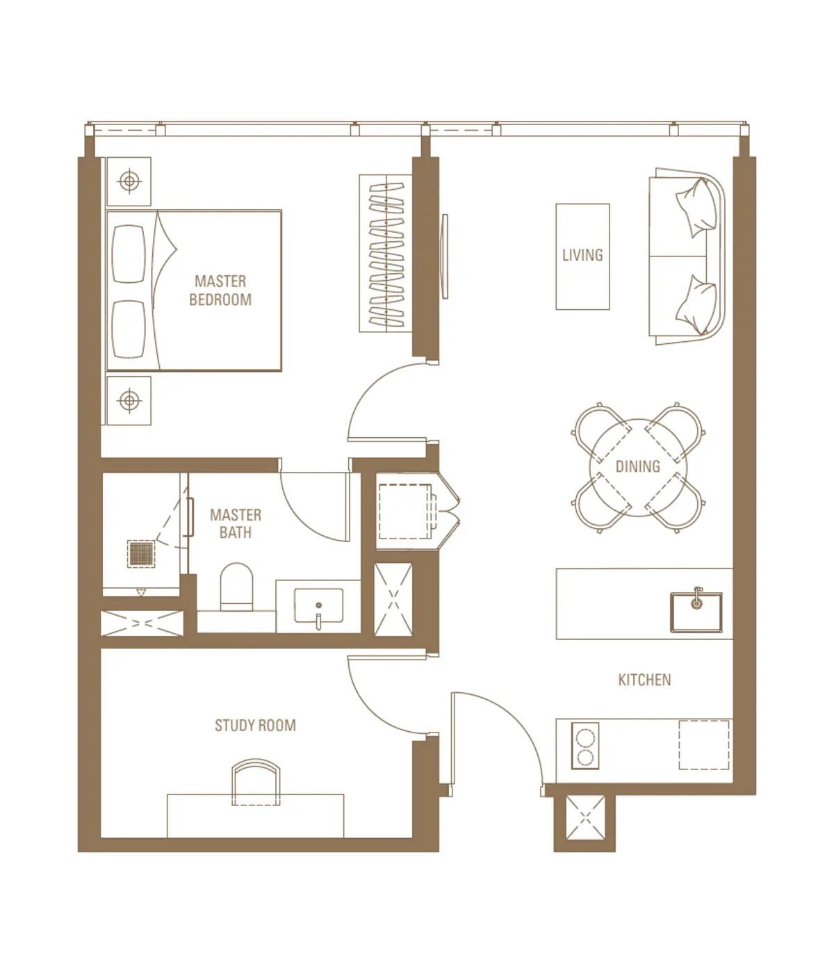 Sovereign 635 sq ft layout, 1 + Study , 1 Bathroom