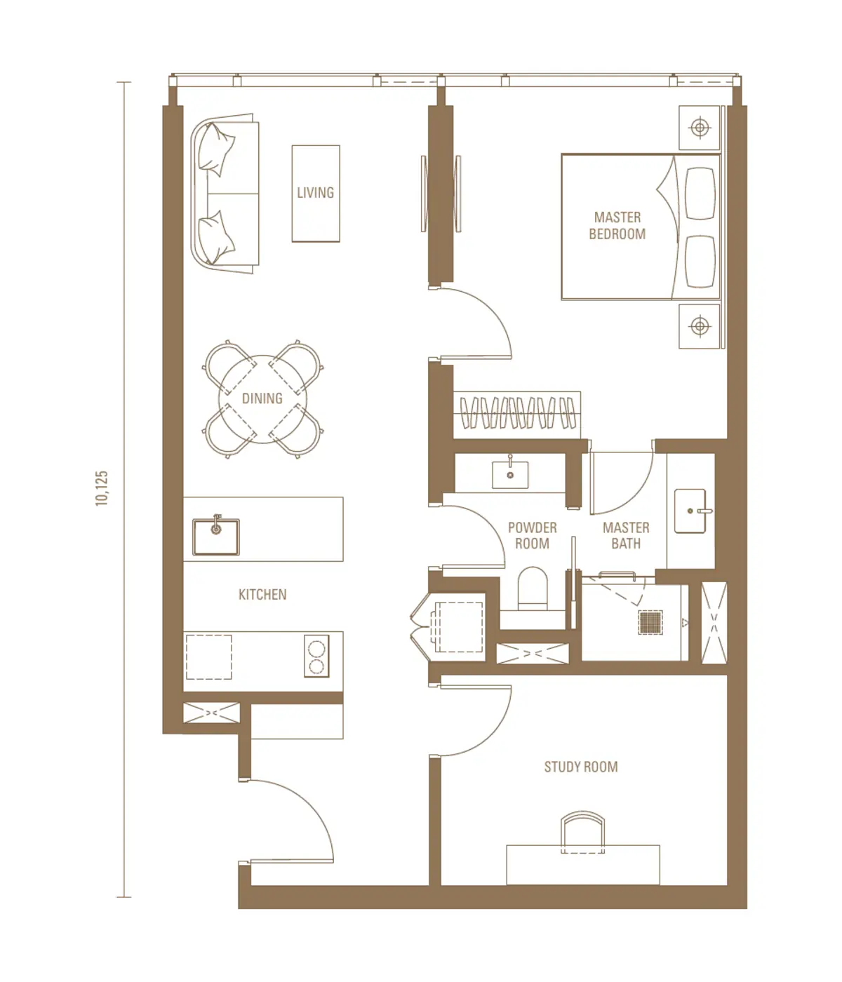 Sovereign 753 sq ft layout, 1 + Study , 1 Bathroom