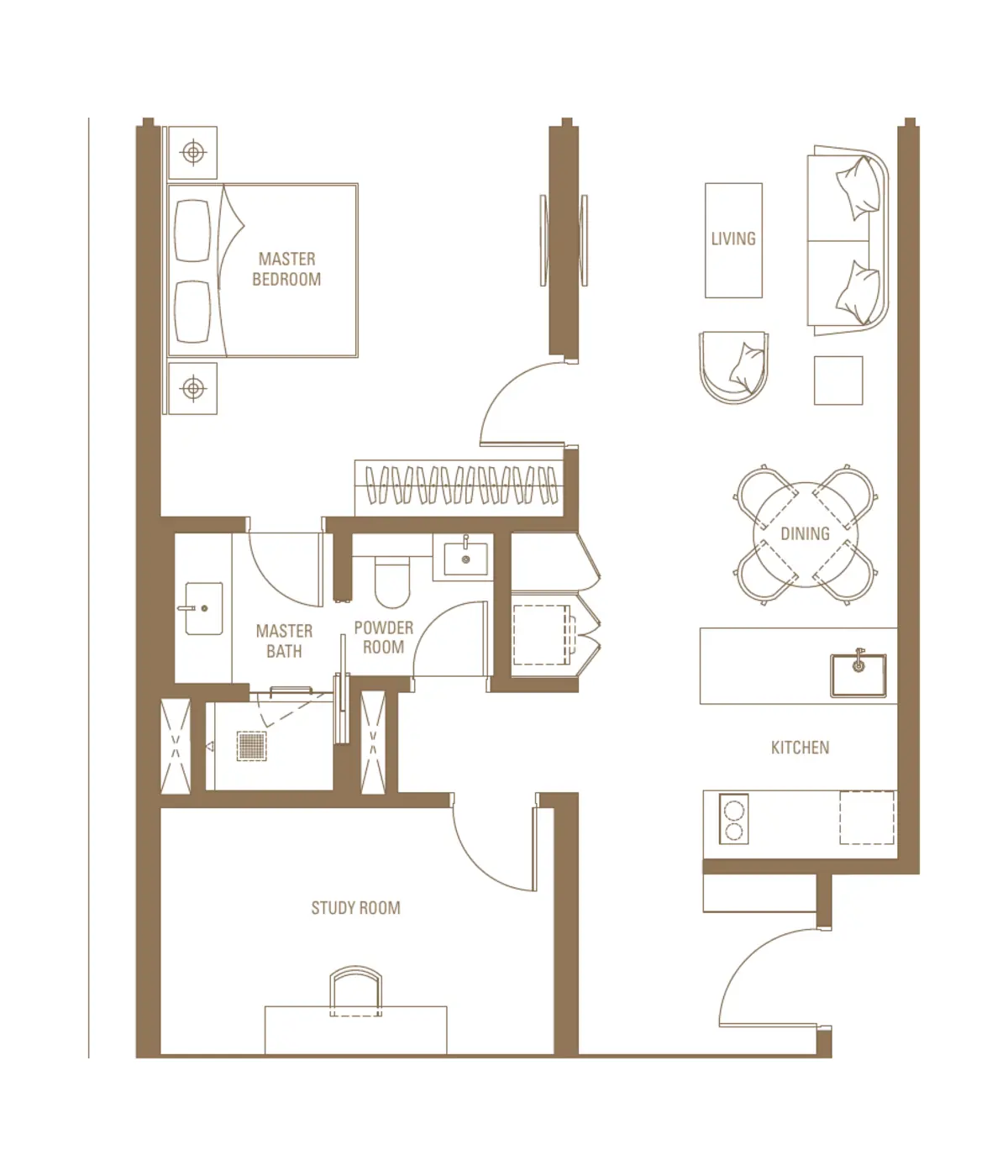Sovereign 850 sq ft layout, 1 + Study , 1 Bathroom