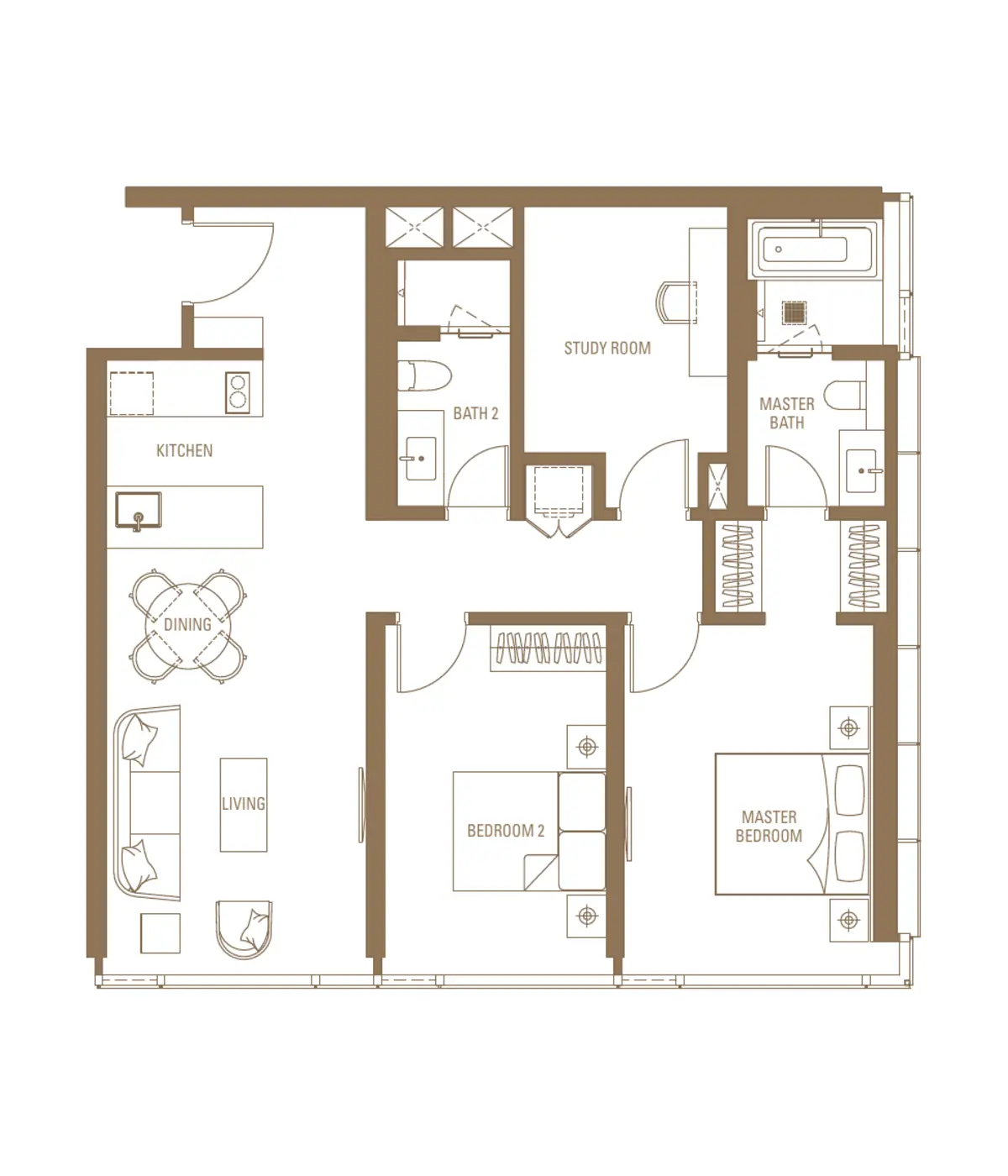 Sovereign 1,119 sq ft layout, 2 + Study , 2 Bathroom