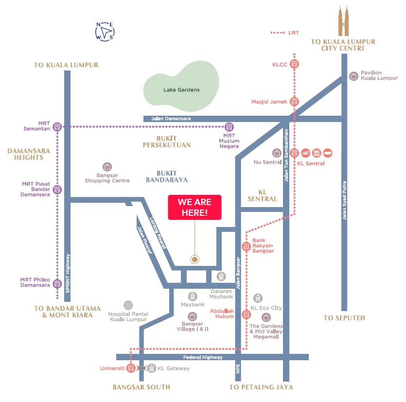 Orientation map showing Talia Hill in Bangsar with the LRT, KL Sentral, KLCC, Mid Valley and major highways nearby