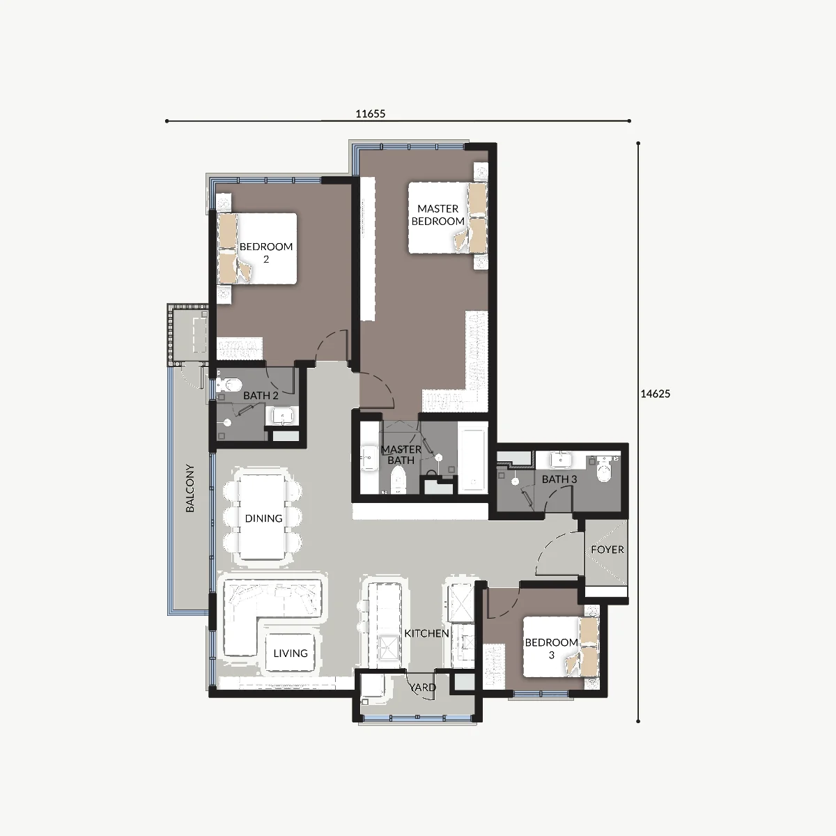 Talia 1,345 sq ft Type 1A layout, 3 Bedroom · 3 Bathroom
