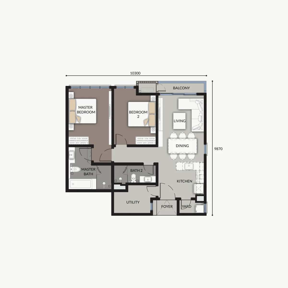 Talia 978 sq ft Type 2A layout, 2 Bedroom + Utility · 2 Bathroom