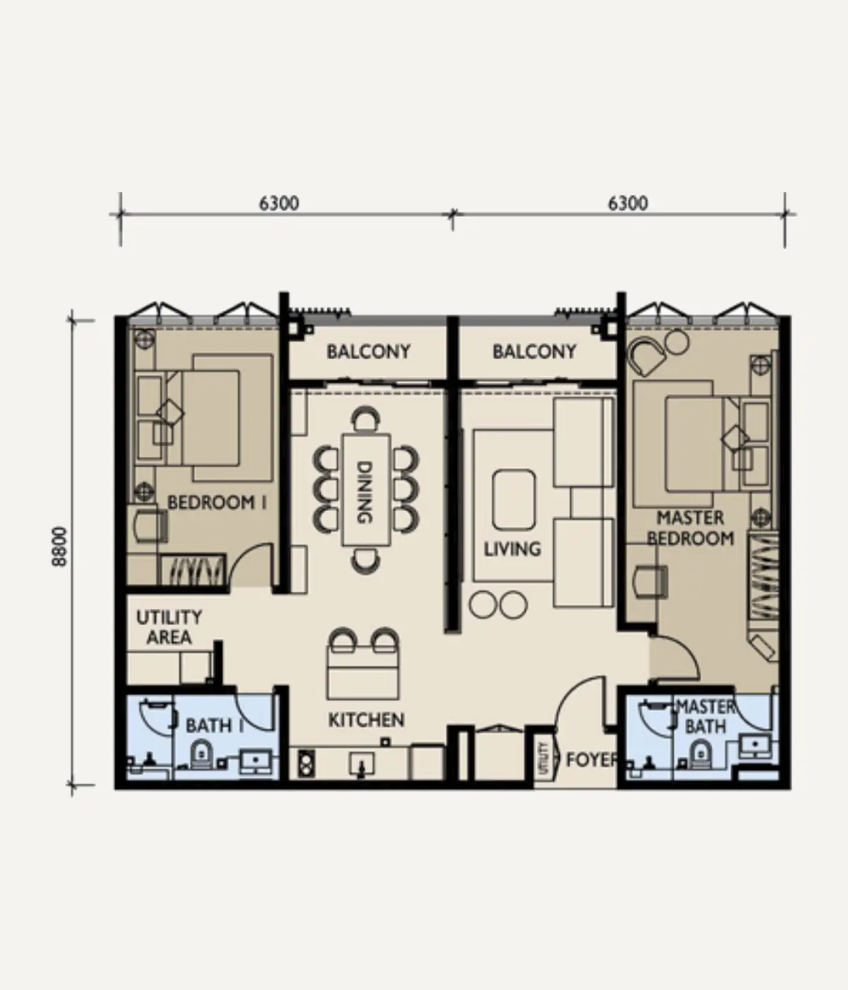 Three 8 1,185 sq ft layout, 2 Bedroom , 2 Bathroom