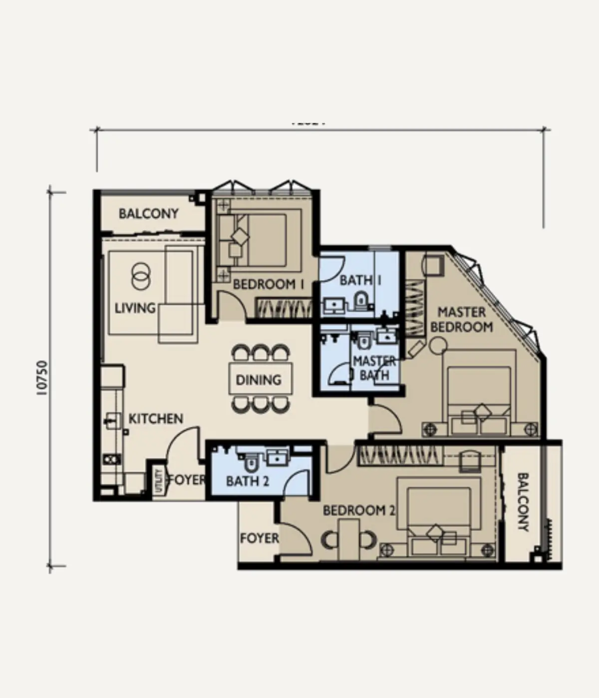 Three 8 1,225 sq ft layout, 3 Bedroom , 3 Bathroom , Dual key