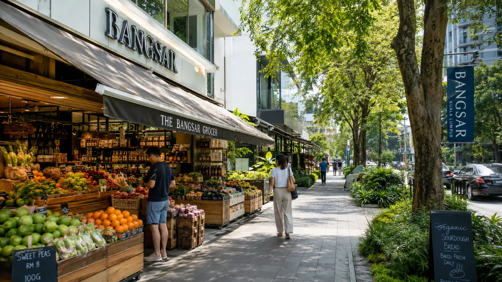 A grocer and everyday amenities on a leafy Bangsar street