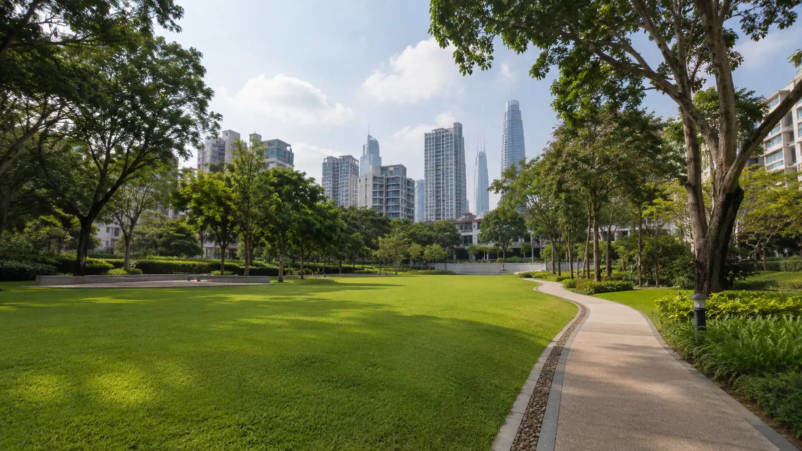 A landscaped green park near Bangsar with the KL skyline