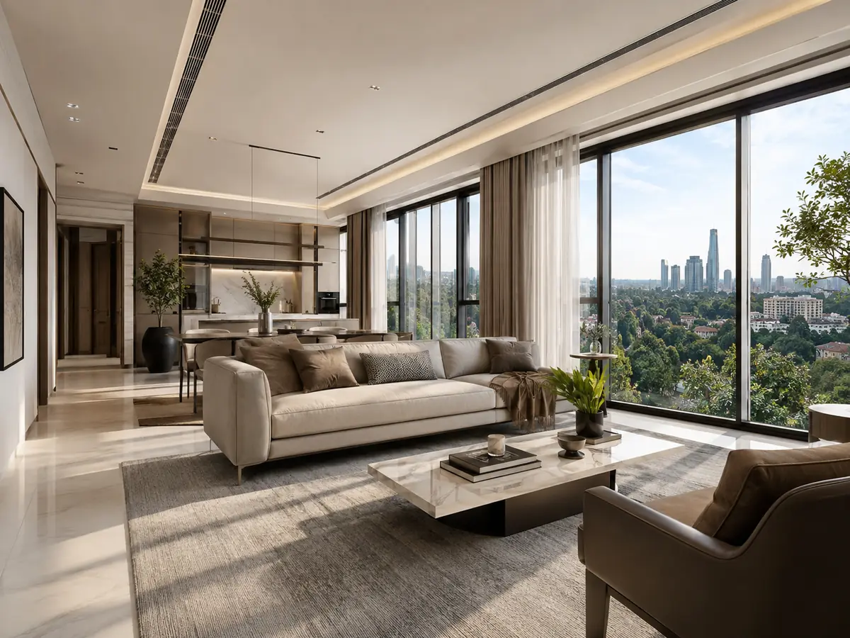A modern residence living room with a greenery and skyline view